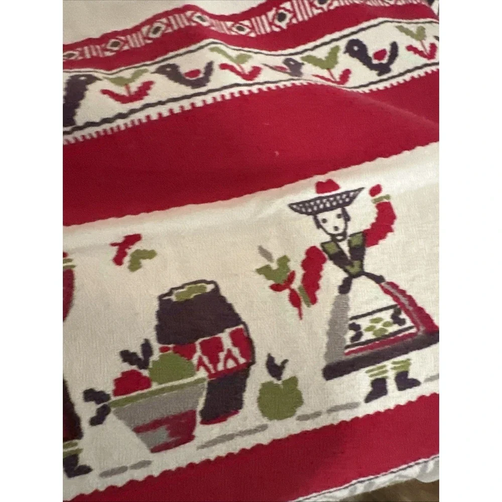 Beautiful  1960's Style Folk Art Red-green Cotton Tablecloth 52x46